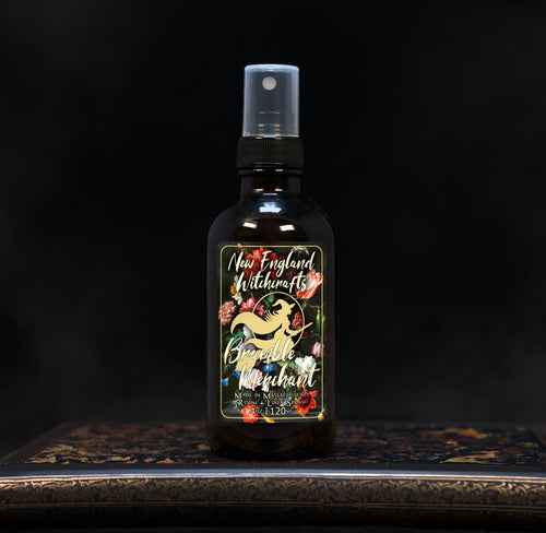 Image depicts a room spray bottle with floral print label.